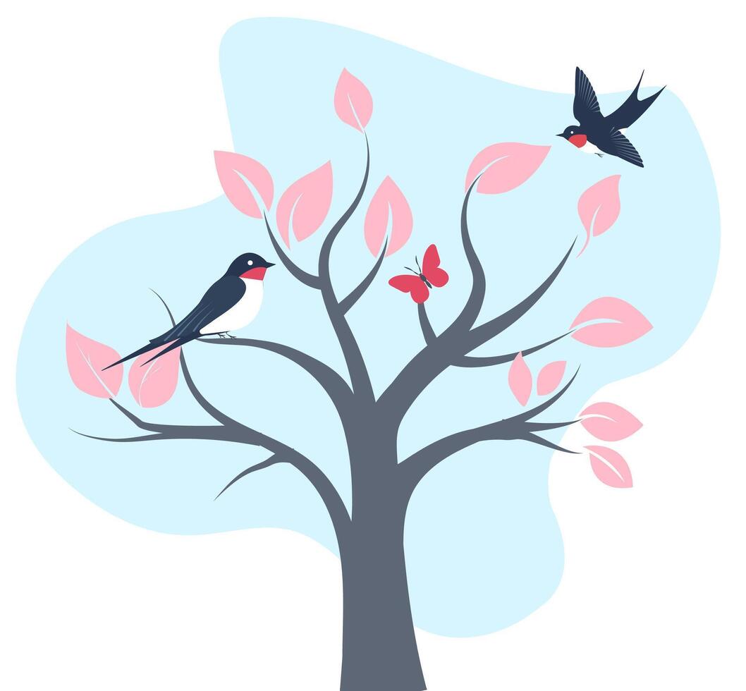 Colorful spring tree with birds and butterflies against a blue sky background in a beautiful illustration vector