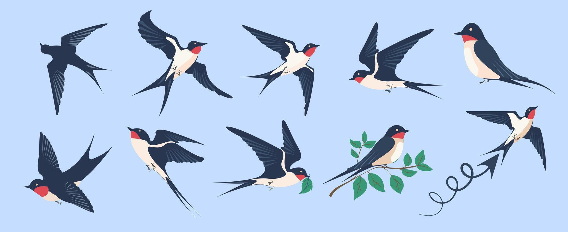 Swallows soaring through the sky symbolizing the joy of spring and the beauty of migration in flat design vector