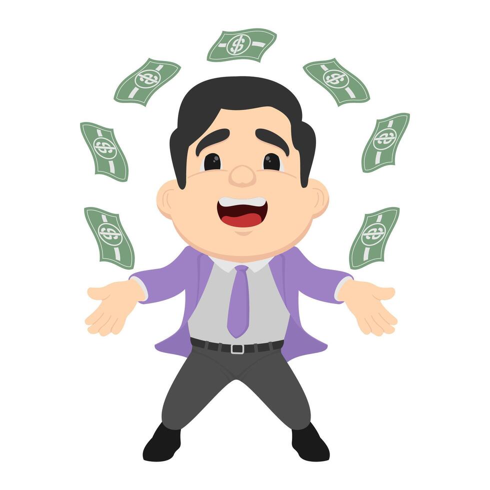 A cartoon man in a suit and tie is surrounded by money vector