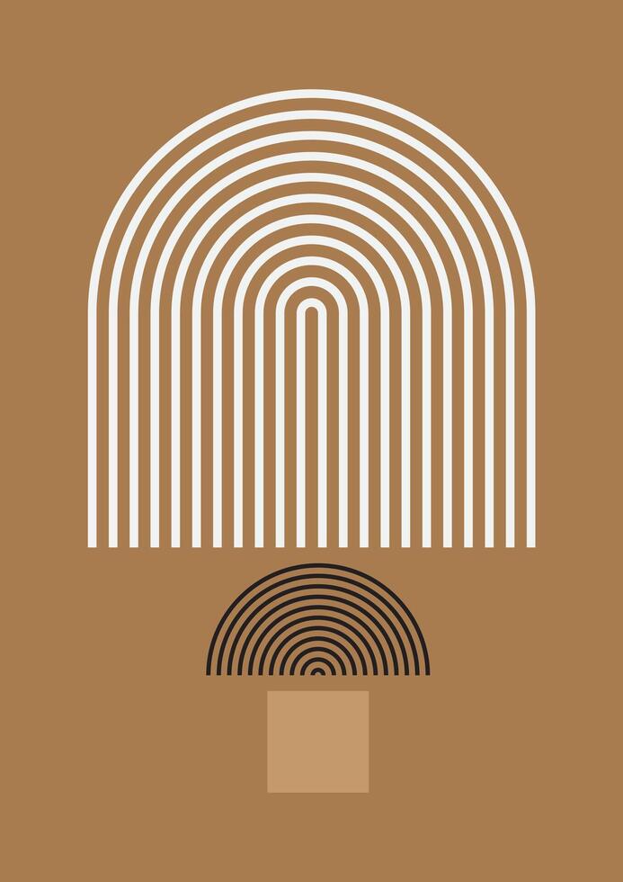 White arch and black semicircle with concentric lines on a brown background. Ideal for modern, minimalist decor vector