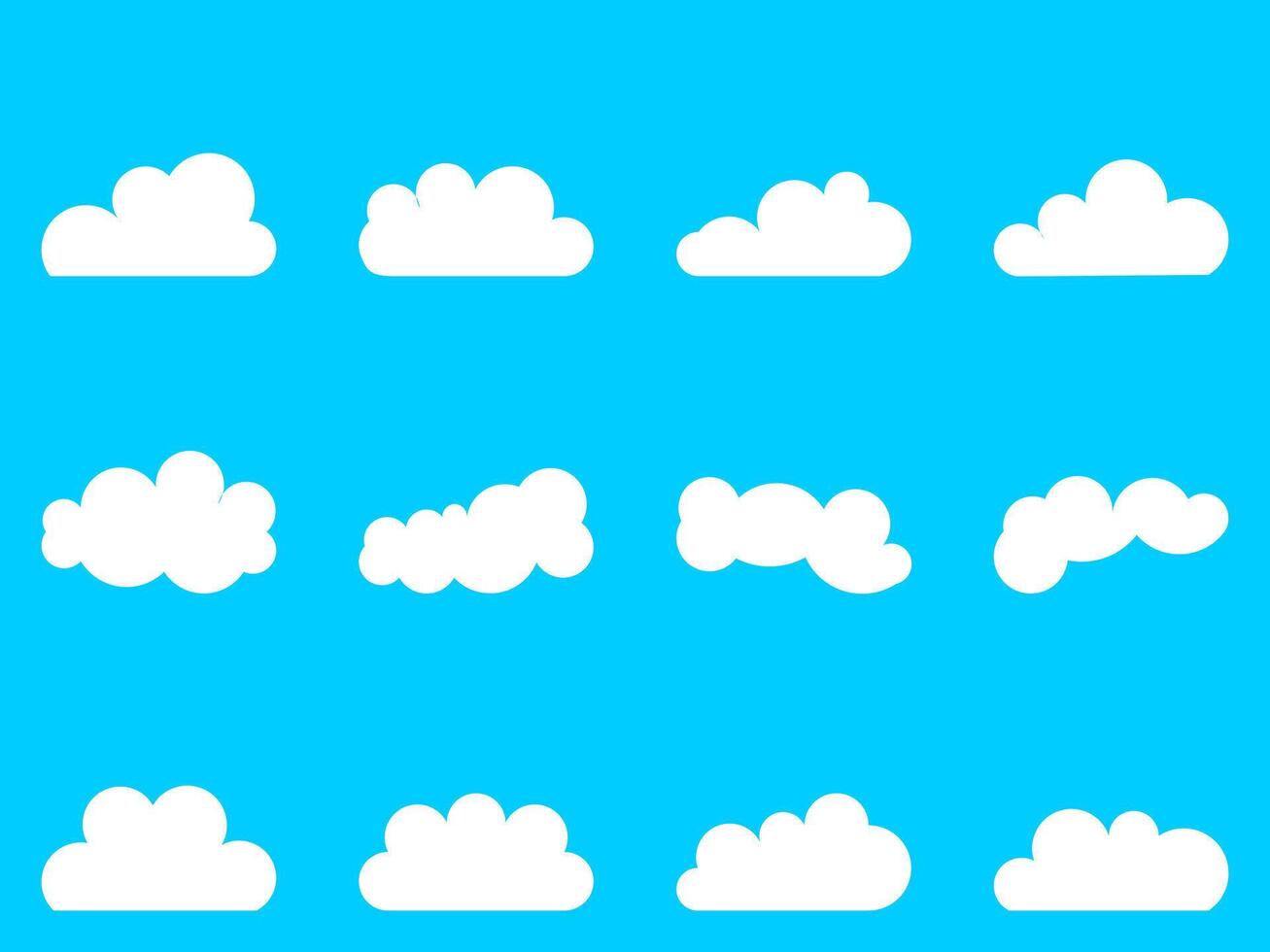 A collection of twelve different cloud shapes on a bright blue background. Each cloud has a unique form, making it ideal for weather related designs or educational materials vector