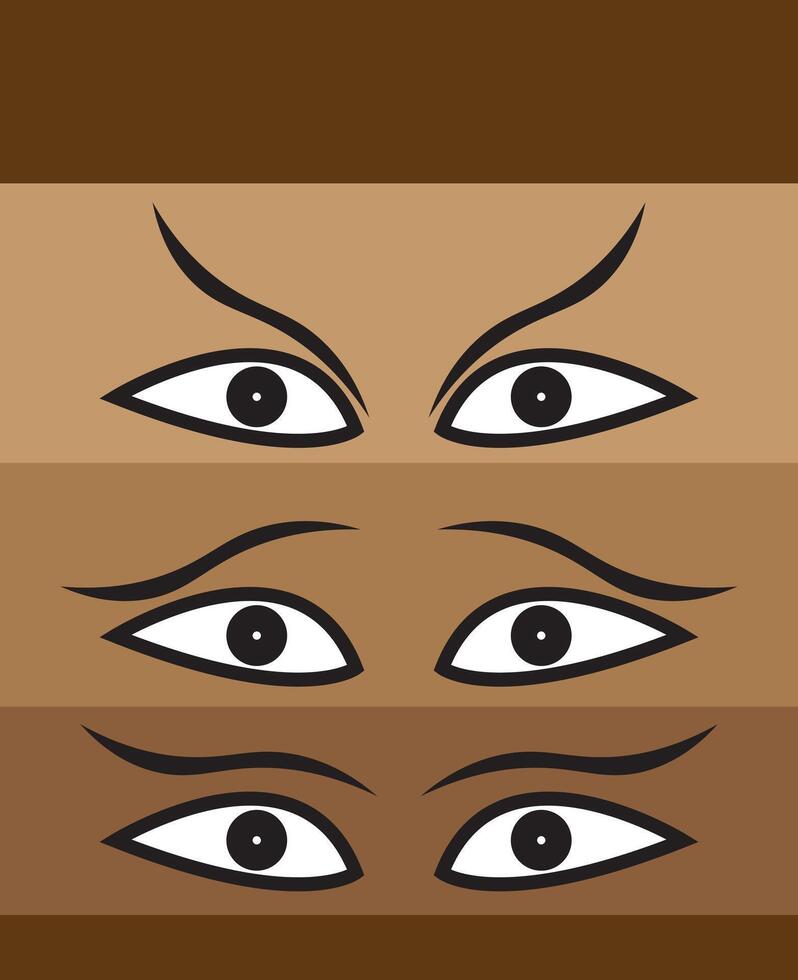 A collection of stylized eyes with various eyebrow shapes on shades of brown backgrounds, expressing different emotions. Ideal for design projects emphasizing diverse expressions and creativity vector