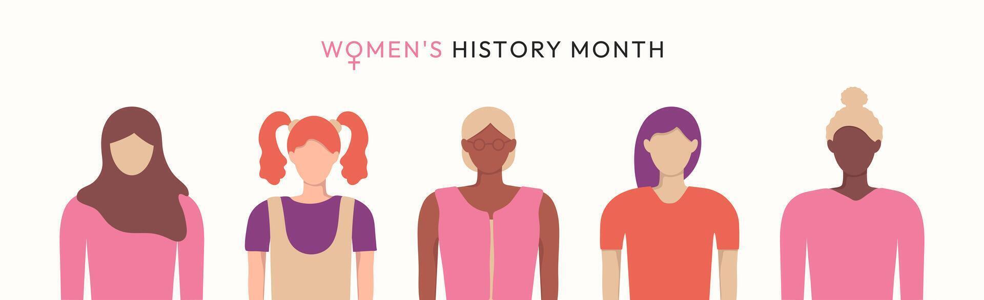 Women's history month banner template. Solidarity concept, social media illustration. Faceless diversity girl. vector