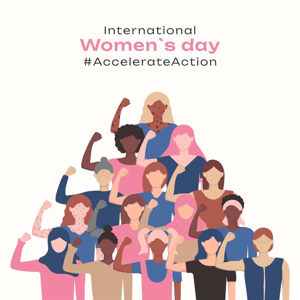 International Women's Day Accelerate Action 2025 poster template. Woman of different nationalities in acceleration action position. Includes strength, equality and the message AccelerateAction card. vector