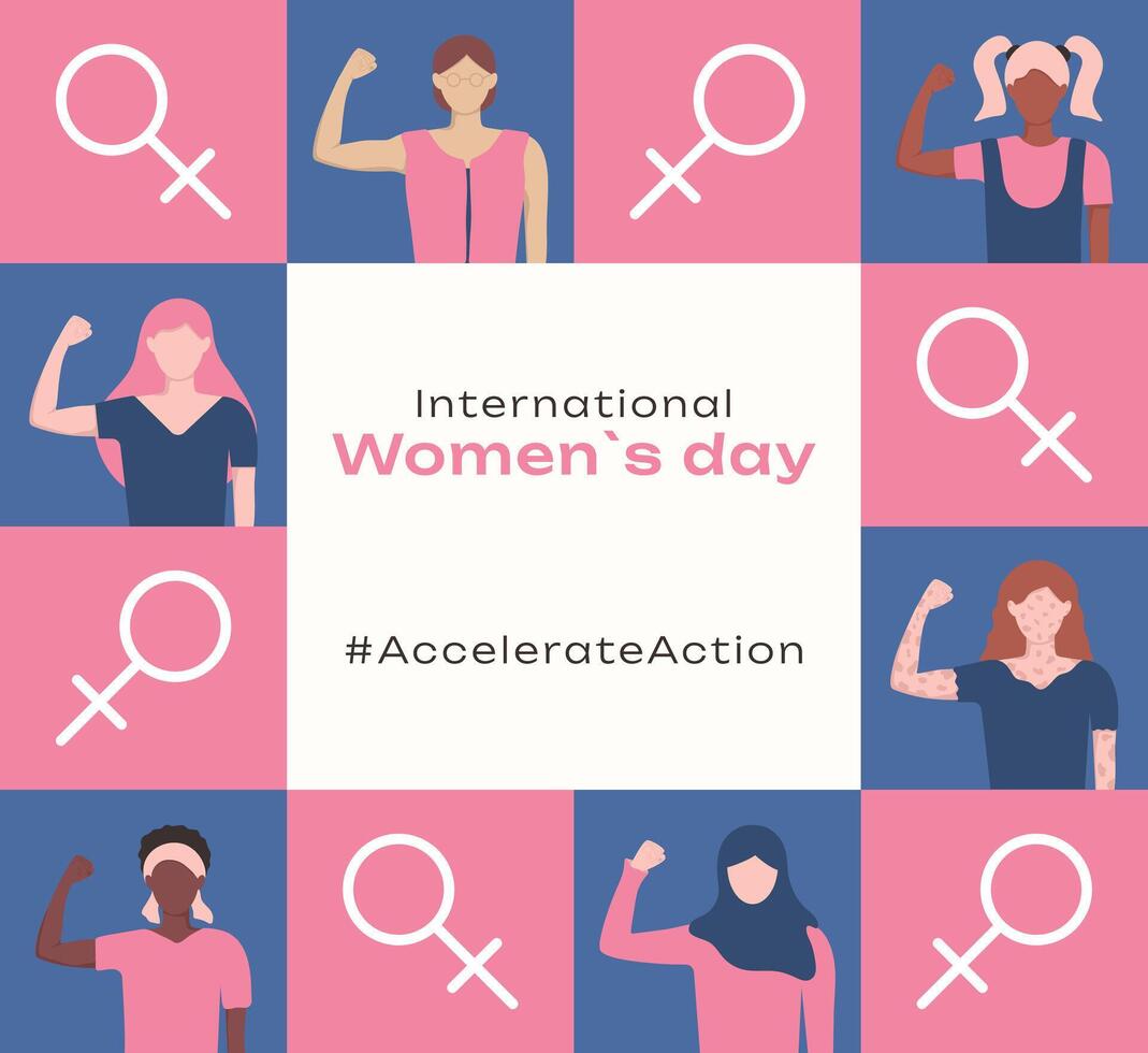 AccelerateAction square poster template with diversity girls in faceless style and sign of venus. IWD 2025 geometric trendy background. International Womens Day banner post social media card greeting. vector