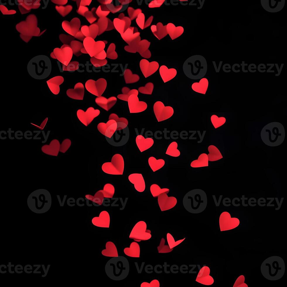 Falling Red Heart Shapes Over Black Background, Representing Love and Affection photo