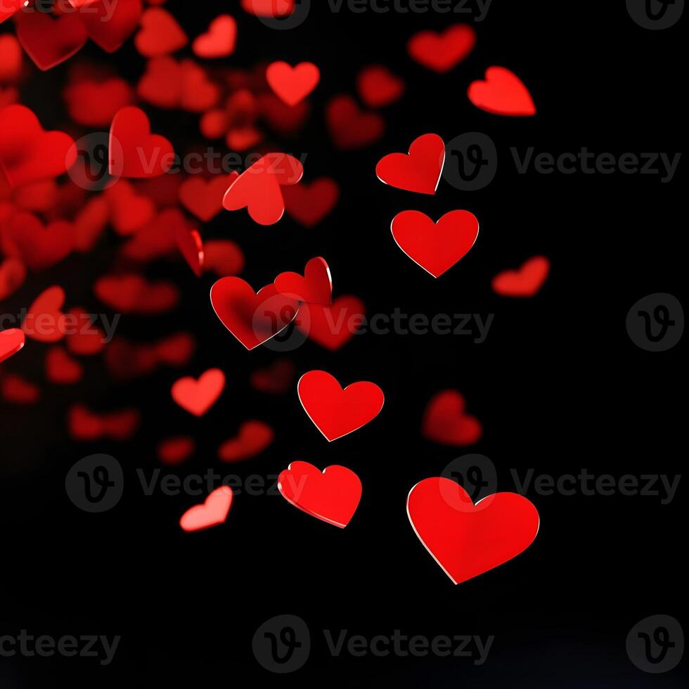 Red Hearts Falling Gracefully on Black Background Representing Love and Romance photo