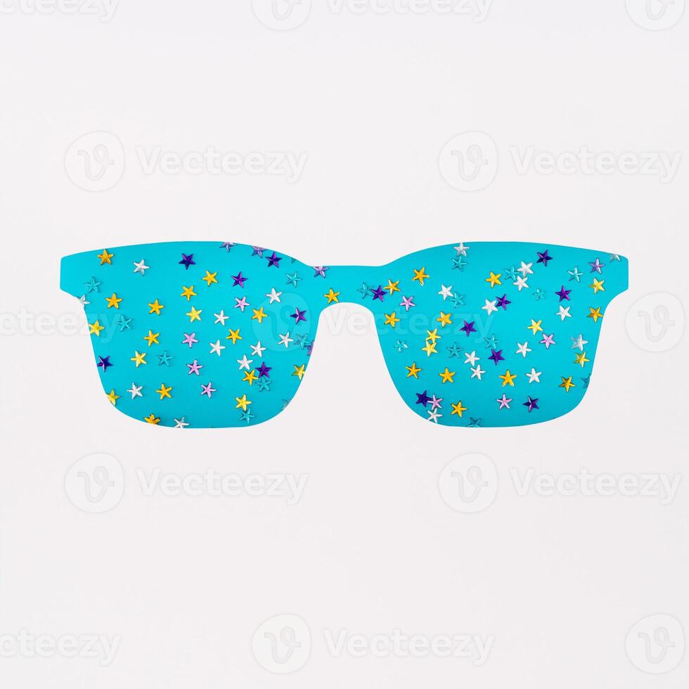 Colorful glitter stars confetti on bright blue background visible through white glasses shaped cutout. Minimal party concept. Trendy celebration backdrop idea. Festive holiday flat lay, top view. photo