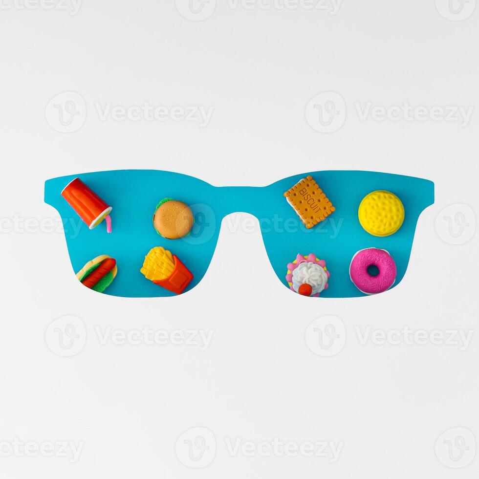 Trendy colorful layout made with food and drink products on blue background visible through white glasses shaped cutout. Minimal creative food concept. Flat lay, top view. Food aesthetic. photo