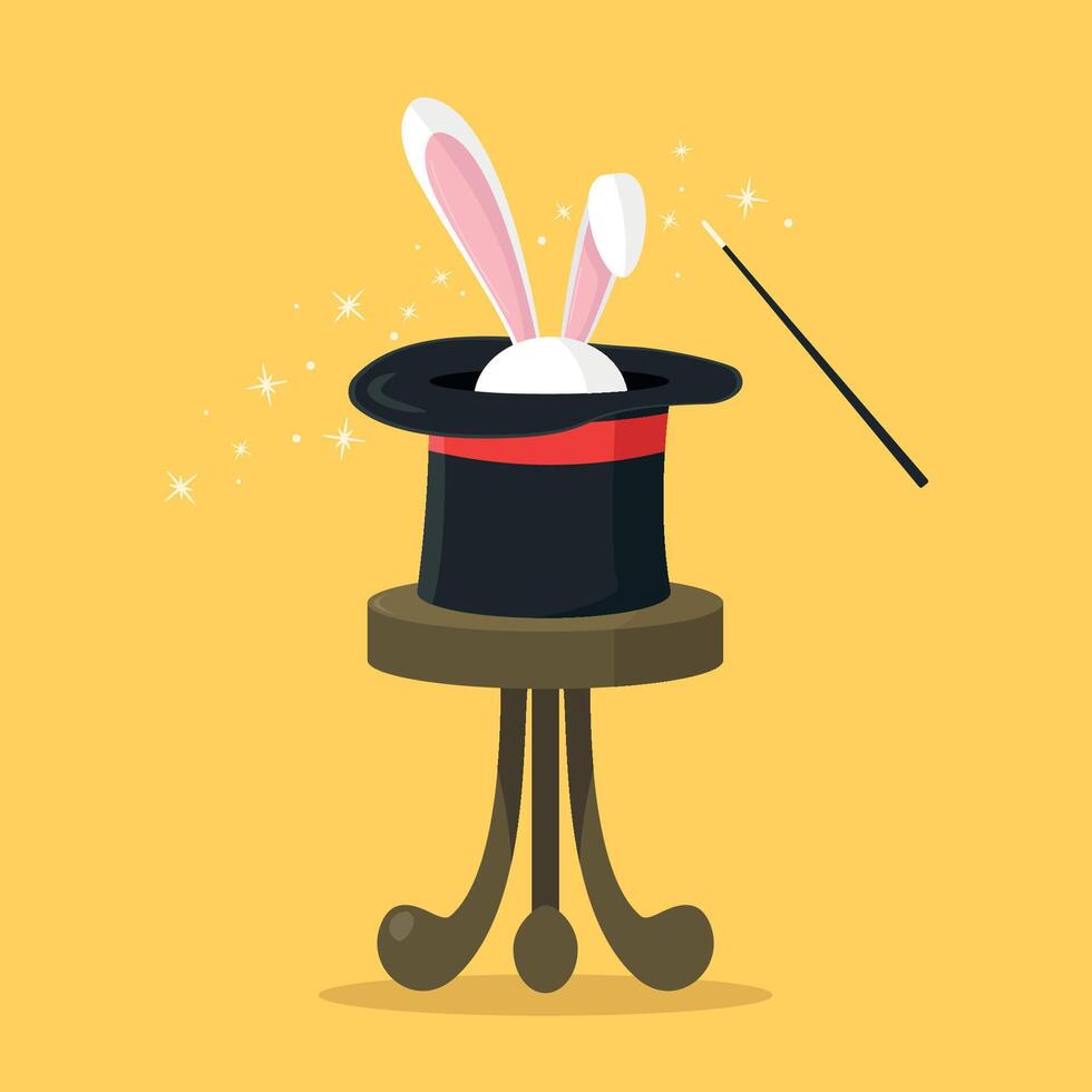 Magician's hat on a stool with rabbit ears. Focus. Moment of magic. Abracadabra. vector