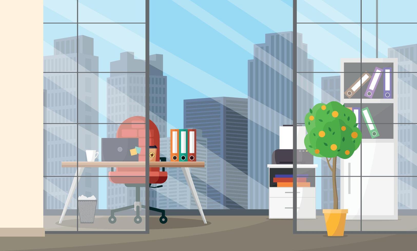 Office interior with furniture and a window overlooking the city. Workplace with partitions. vector