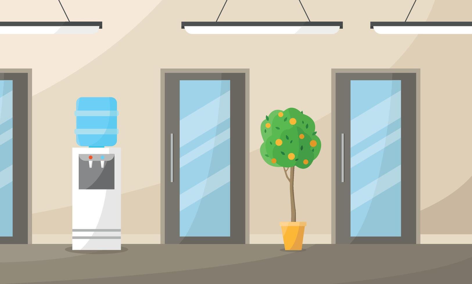 Interior of a modern office corridor with doors, water cooler, orange tree. Commercial real estate. vector