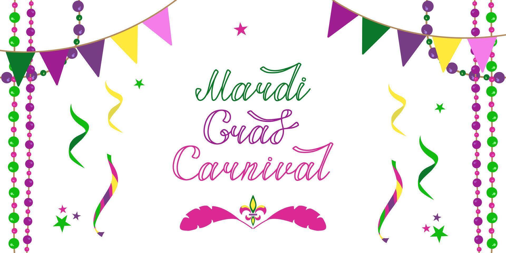 background for Mardi Gras carnival. Party invitation card with beads, flags and confetti with text. vector