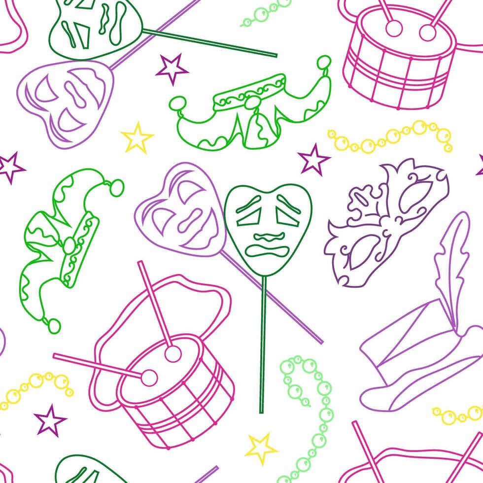 seamless pattern with elements for Mardi Gras carnival in doodle style. Bright Images of mosquitoes, hats with feathers and drums for packaging and wallpaper. vector