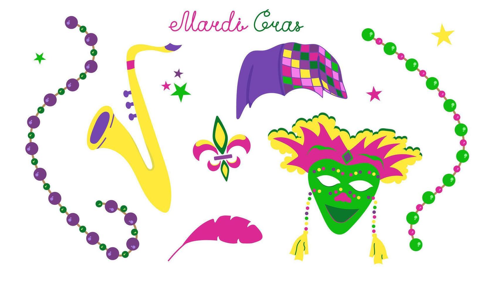 set with elements for Mardi Gras carnival with text. Bright Images of mask, hat, feathers and beads for design and logos. vector