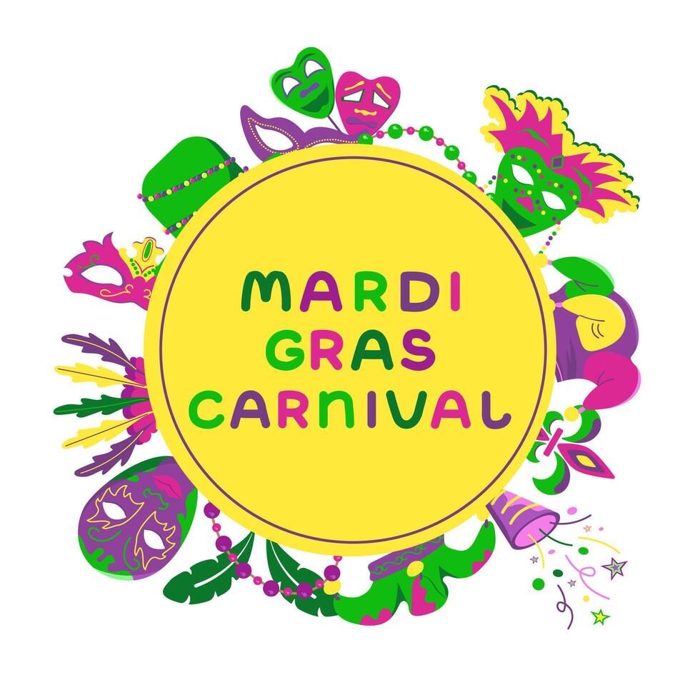 background with text in a circle with elements for Mardi Gras carnival. Colored Images of masks, hats with feathers and beads for design and logos. vector
