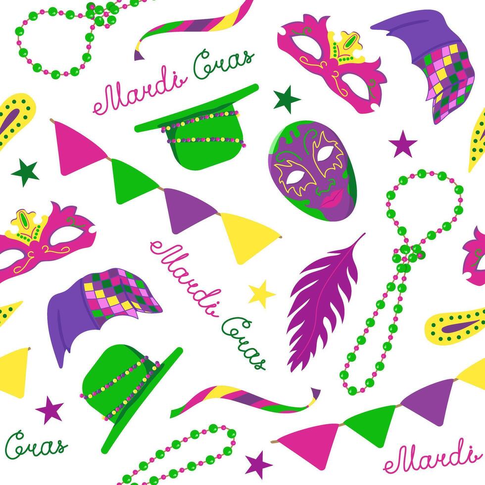 seamless pattern with elements for Mardi Gras carnival. Bright Images of mosses, hats with feathers and beads with flags for packaging and wallpaper. vector