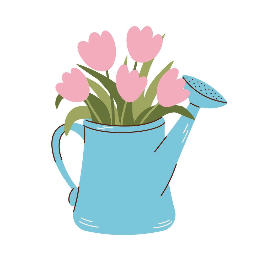 Watering can with pink tulips isolated on white background. Cute flat style vector