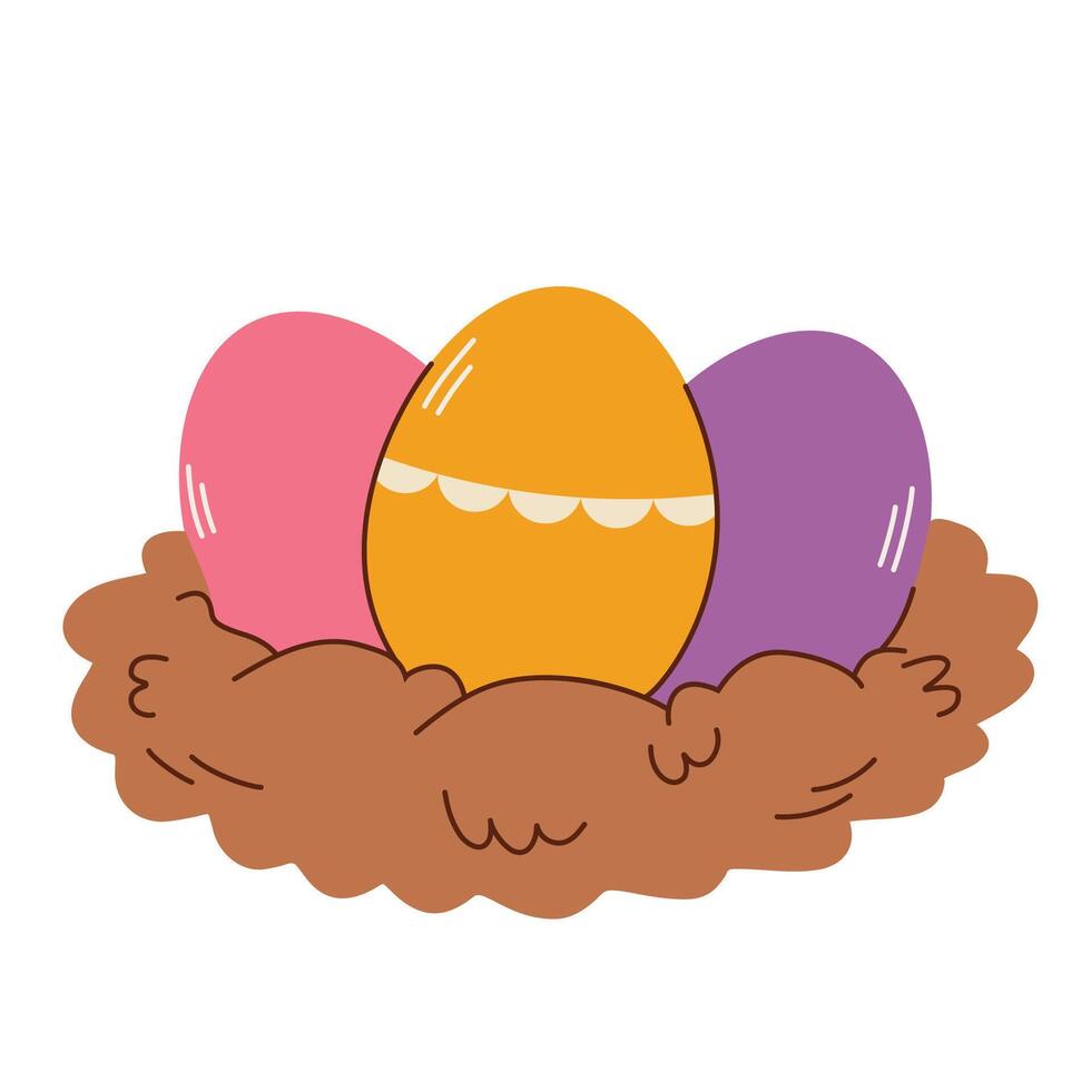 Nest with Easter eggs, isolated on white. Flat illustration in children's style vector