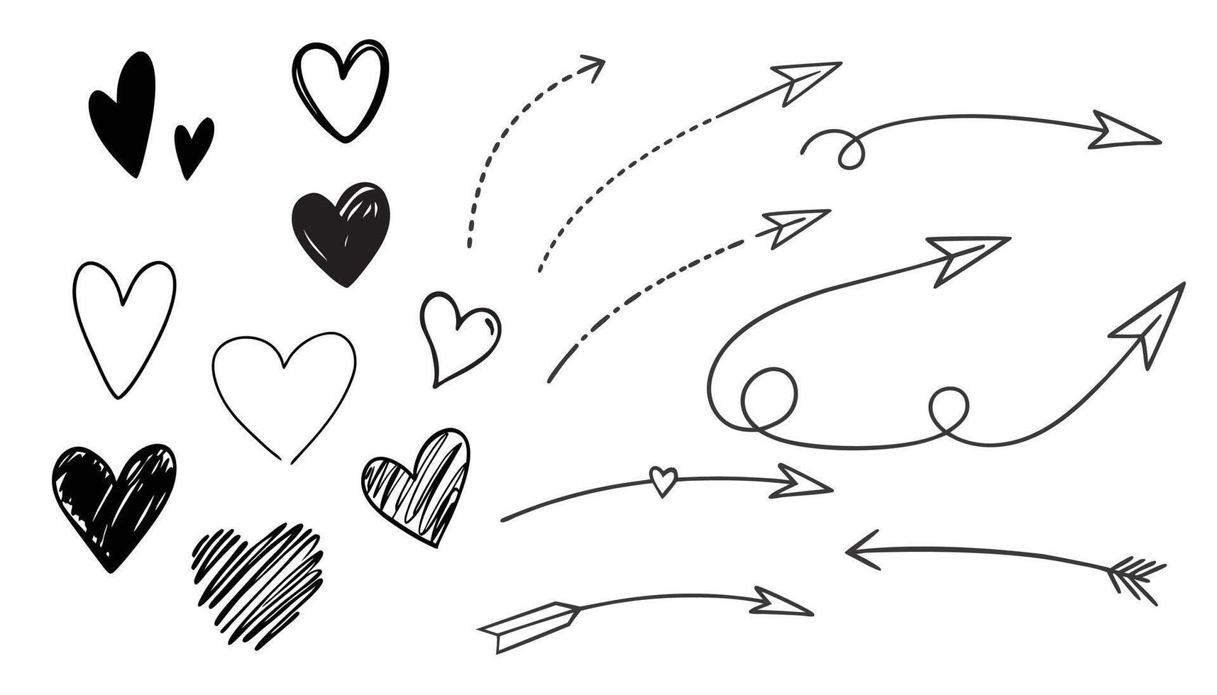 Set of hand drawn doodle arrows and hearts. illustration. vector