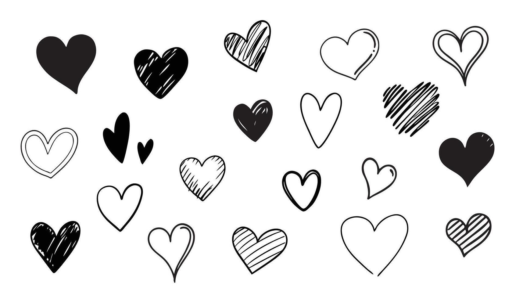 Hand drawn hearts set. Black and white hearts isolated on white background. illustration. vector