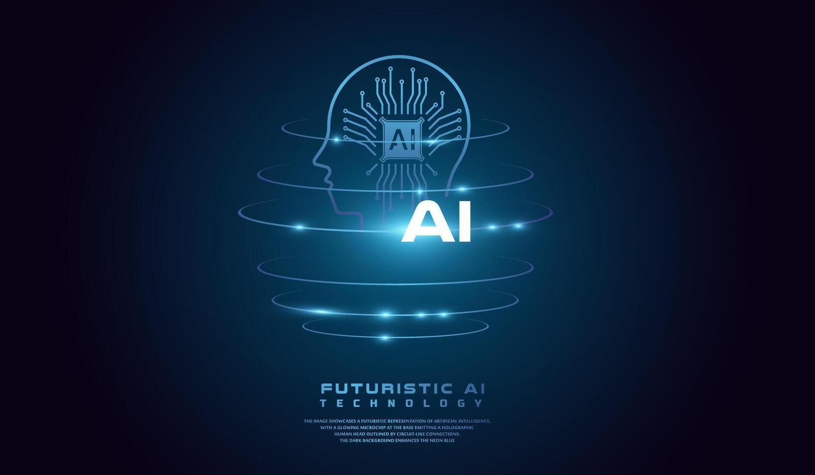 The head AI glowing rings, creating a holographic effect. The background is dark with a gradient effect, The AI head concept world background illustration. vector