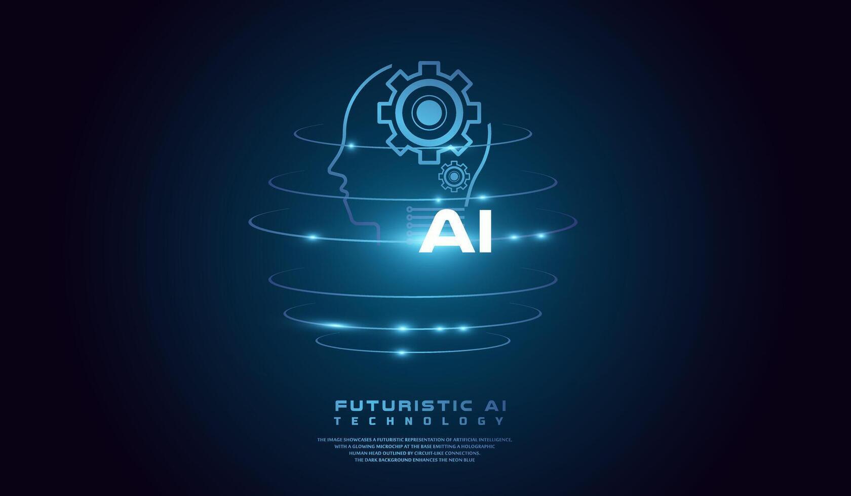 The head AI glowing rings, creating a holographic effect. The background is dark with a gradient effect, The AI head concept world background template illustration. vector