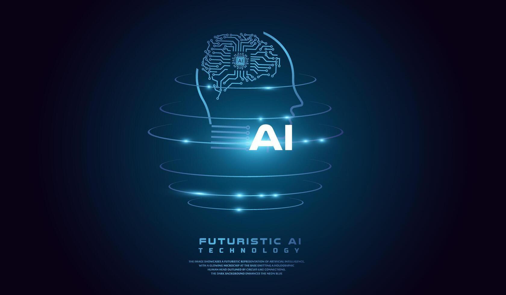 A glowing digital representation of artificial intelligence AI with a technological theme. The AI head concept world background template illustration. vector