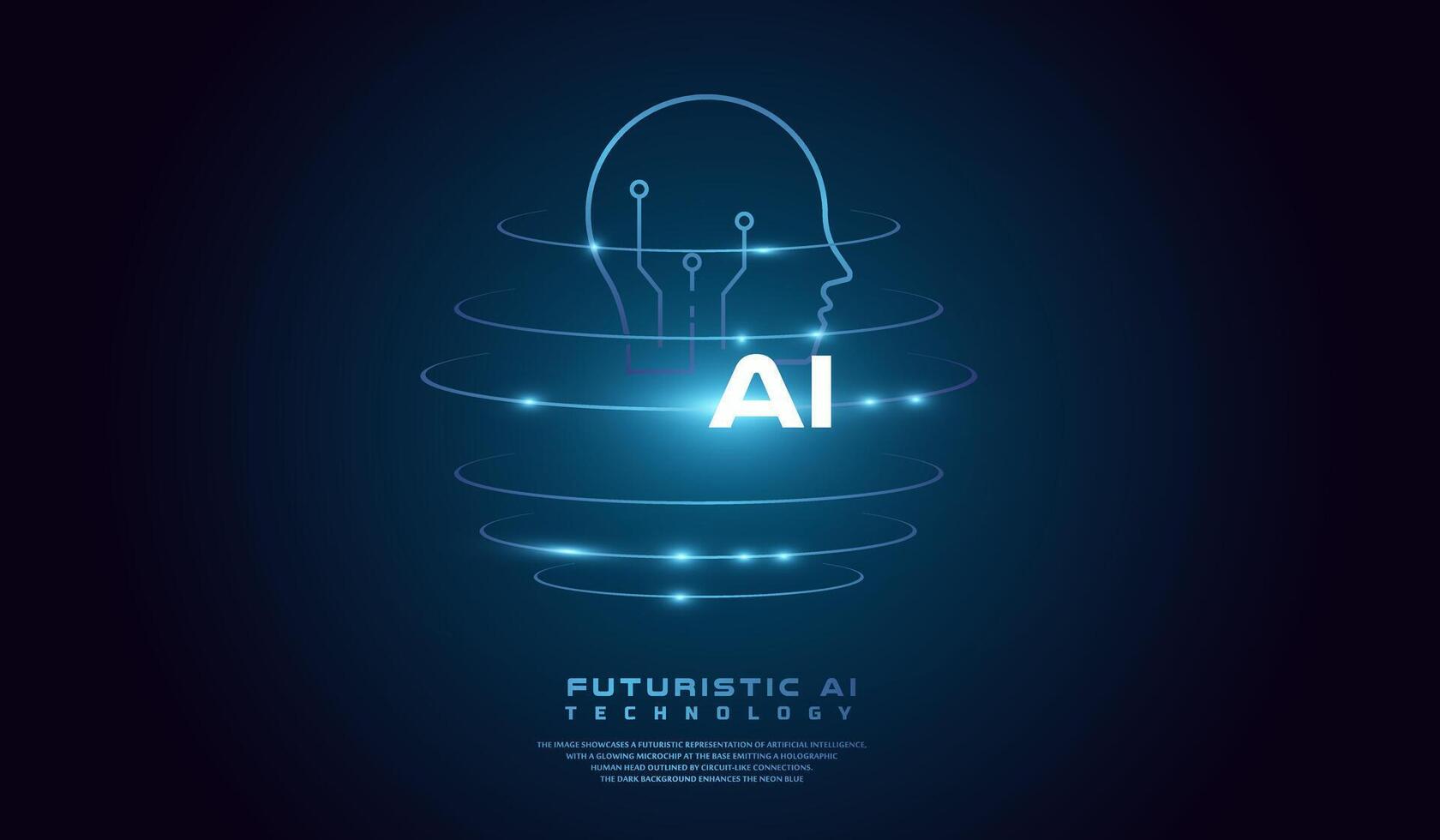 The AI head concept world background illustration. with The head AI glowing rings, creating a holographic effect. The background is dark with a gradient effect vector