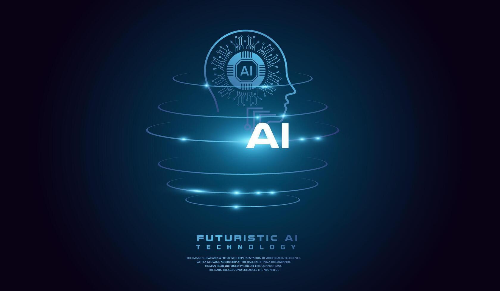 The AI head concept world background template illustration. with A neon-blue outline of a human head with circuit-like patterns and a gear symbol represents AI technology. vector
