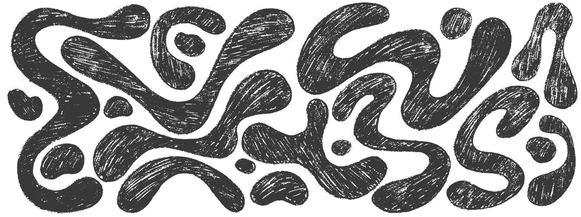Funky organic liquid shapes and fluid forms drawn by a crayon. Various bubbles, organic irregular shapes with pencil texture. Bold hand drawn lines, spots. Crayon drawn forms vector