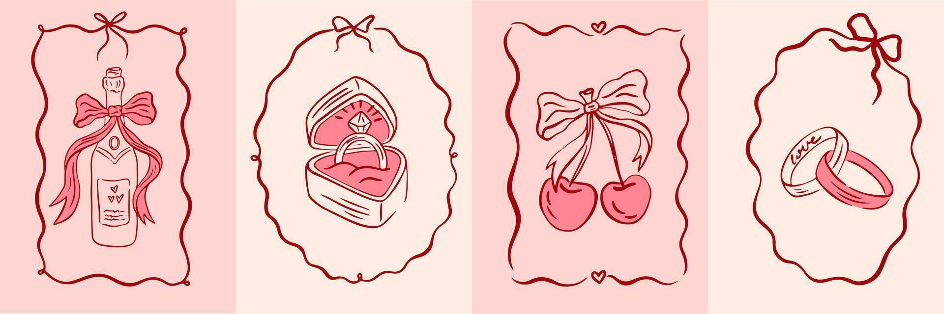Vintage greeting cards for Valentine's Day in coquette style. Hand drawn whimsical frames with elegant bows and ribbons. Template for poster, banner, wedding invitation, birthday card. illustration vector