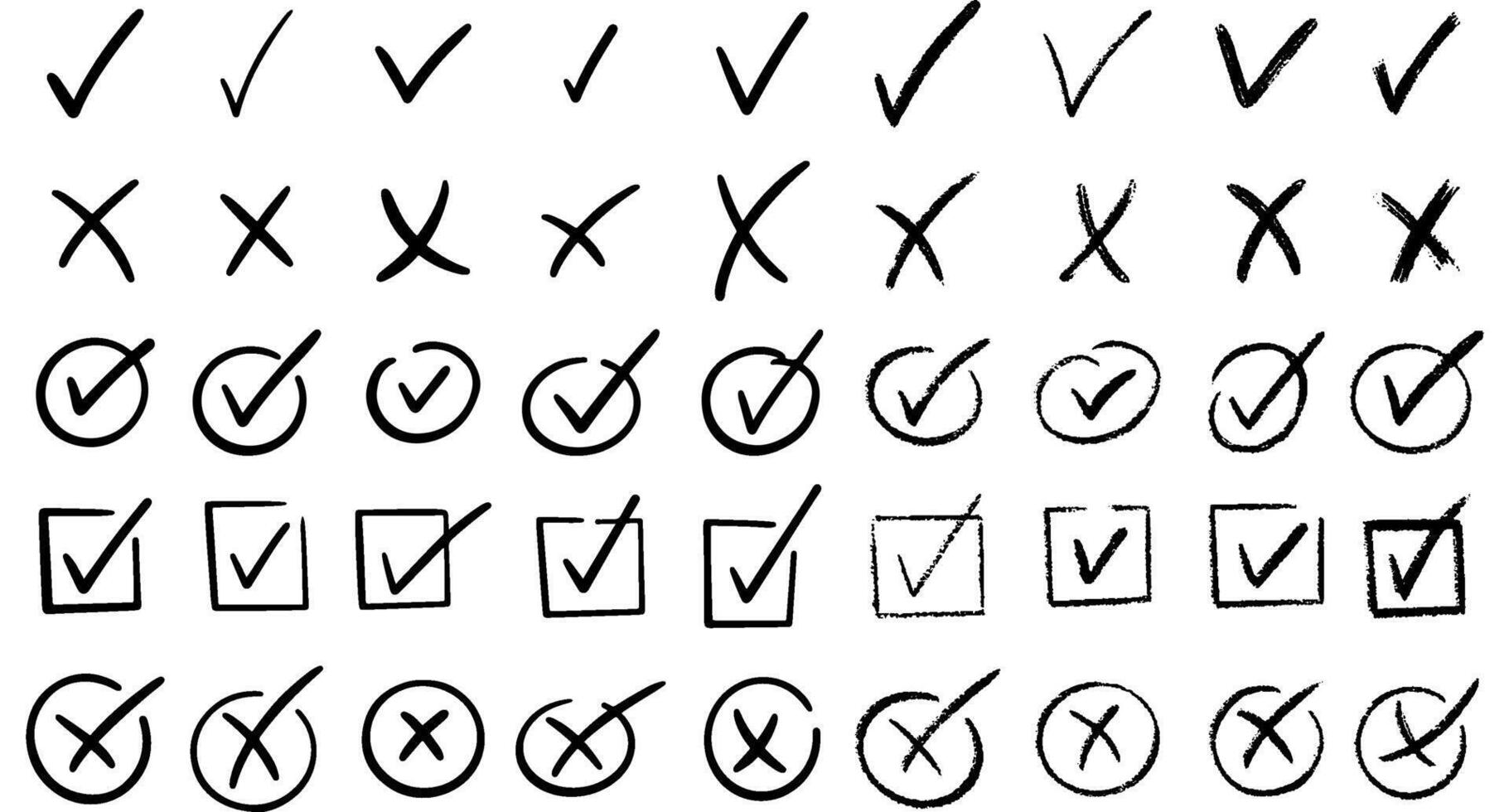 Check marks doodle set. Vote, yes, no, checkbox, checklist, tick and cross signs, v and x drawn concept. Hand drawn doodle sketch style illustration vector