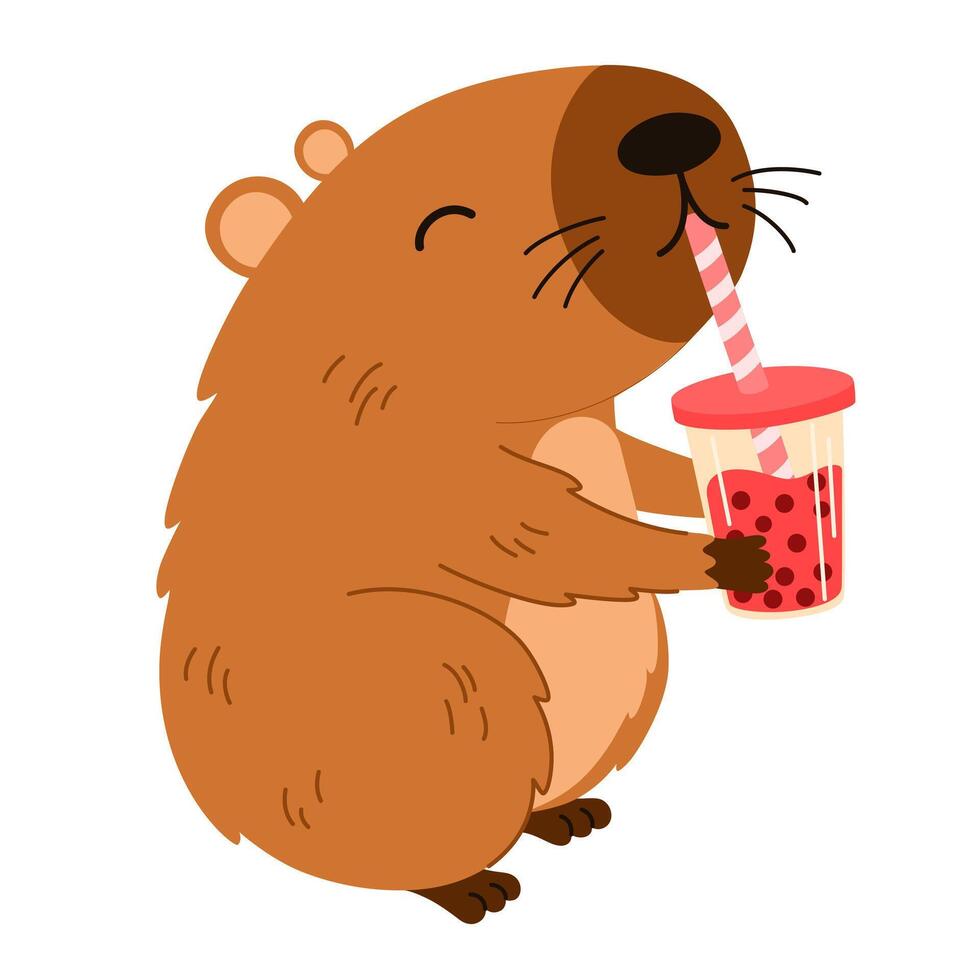Cute capybara. Funny flat cartoon animal. Kawaii hand drawn capibara print design for sticker, postcard, tshirt. illustration isolated on the white vector