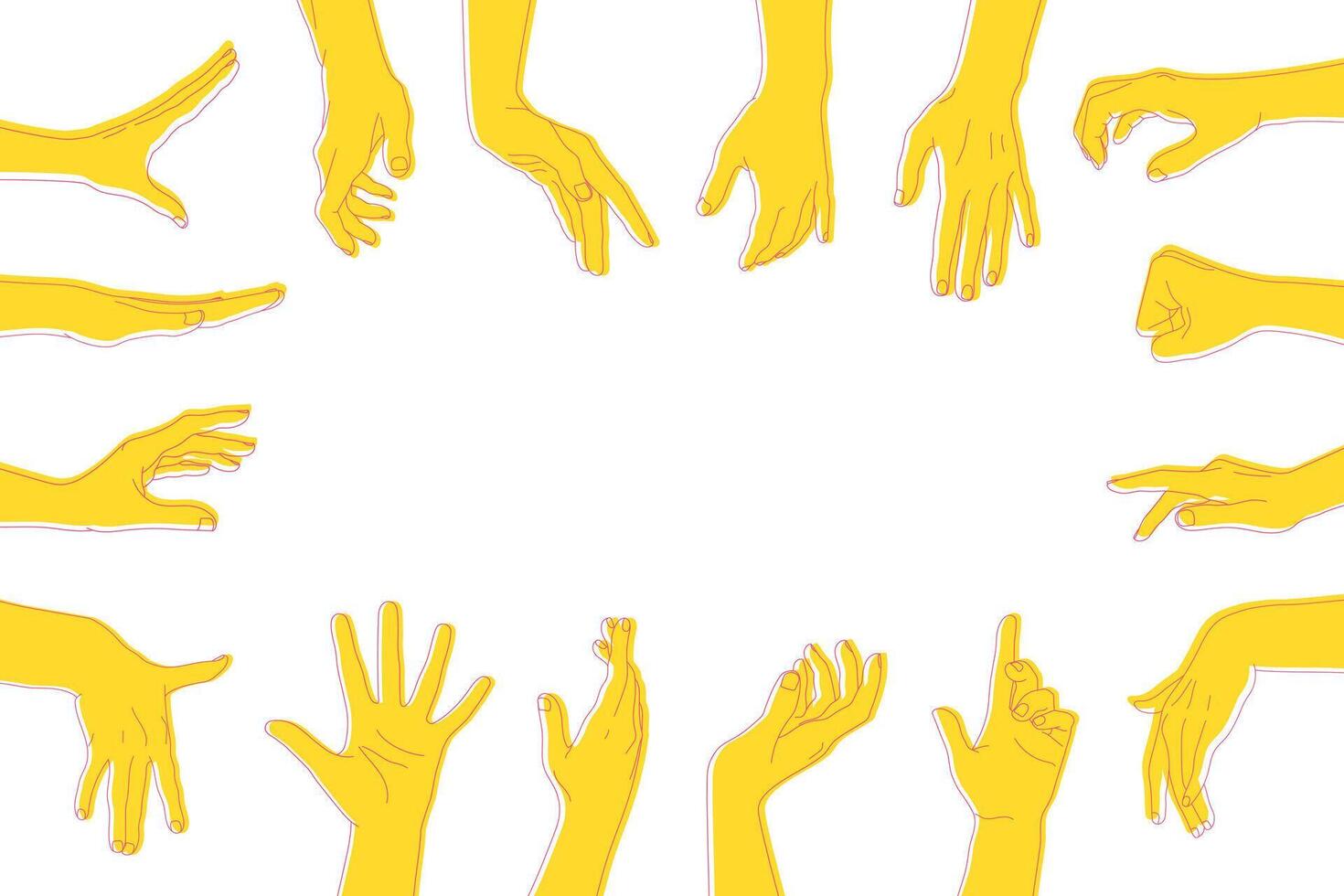 Reaching hands with different gestures around the background with empty space for text. Human hands gestures on white background vector