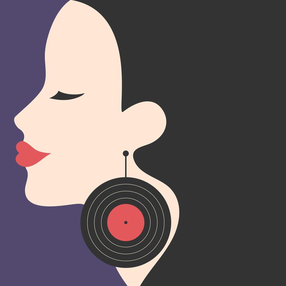 Minimalist poster with woman profile with vinyl record earring. Music concept in retro style vector