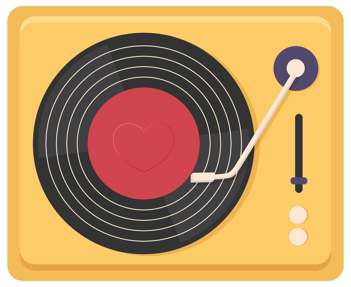 Retro vinyl record player. Top view. Vinyl record with a heart shape on it vector