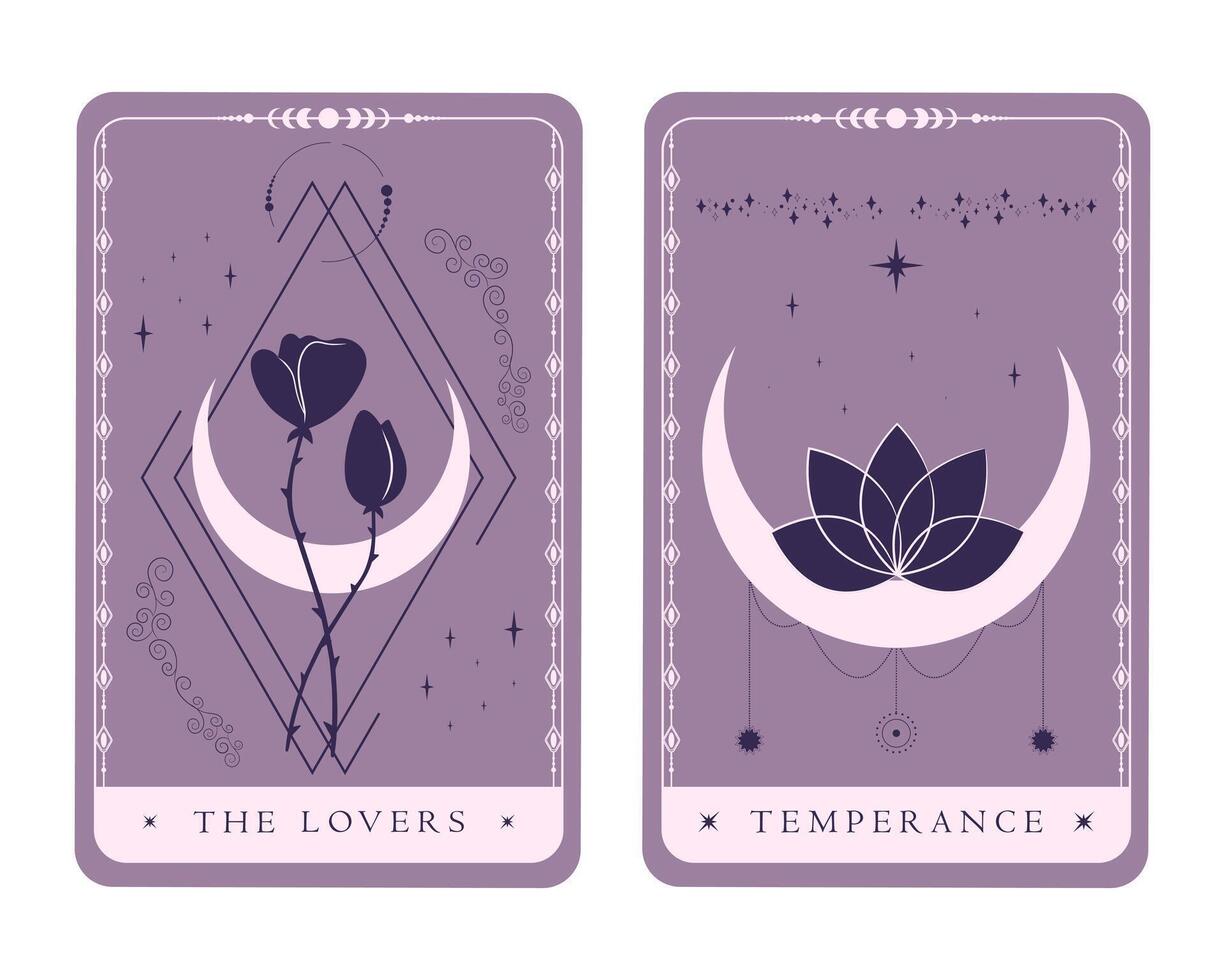 Tarot symbols The Lovers and Temperance. Magical celestial tarot cards of Major Arcana. Mystery, astrology, alchemy vector