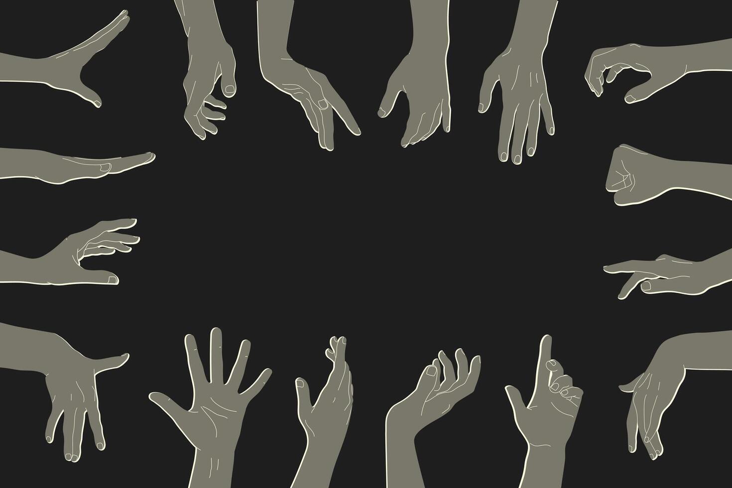Human hands silhouettes with different gestures around the background with empty space for text. Human hands gestures vector