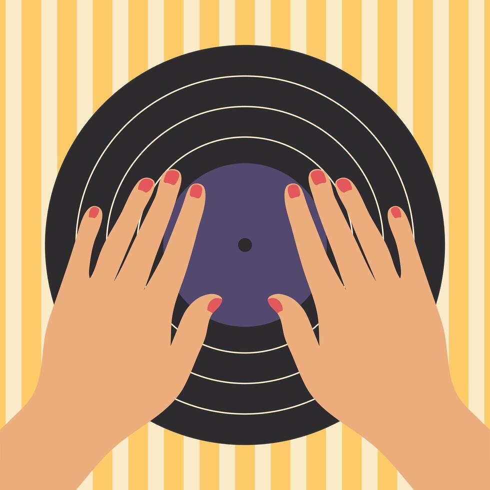 Minimalist poster with female hands on vinyl record. Music concept with gramophone record in retro style vector