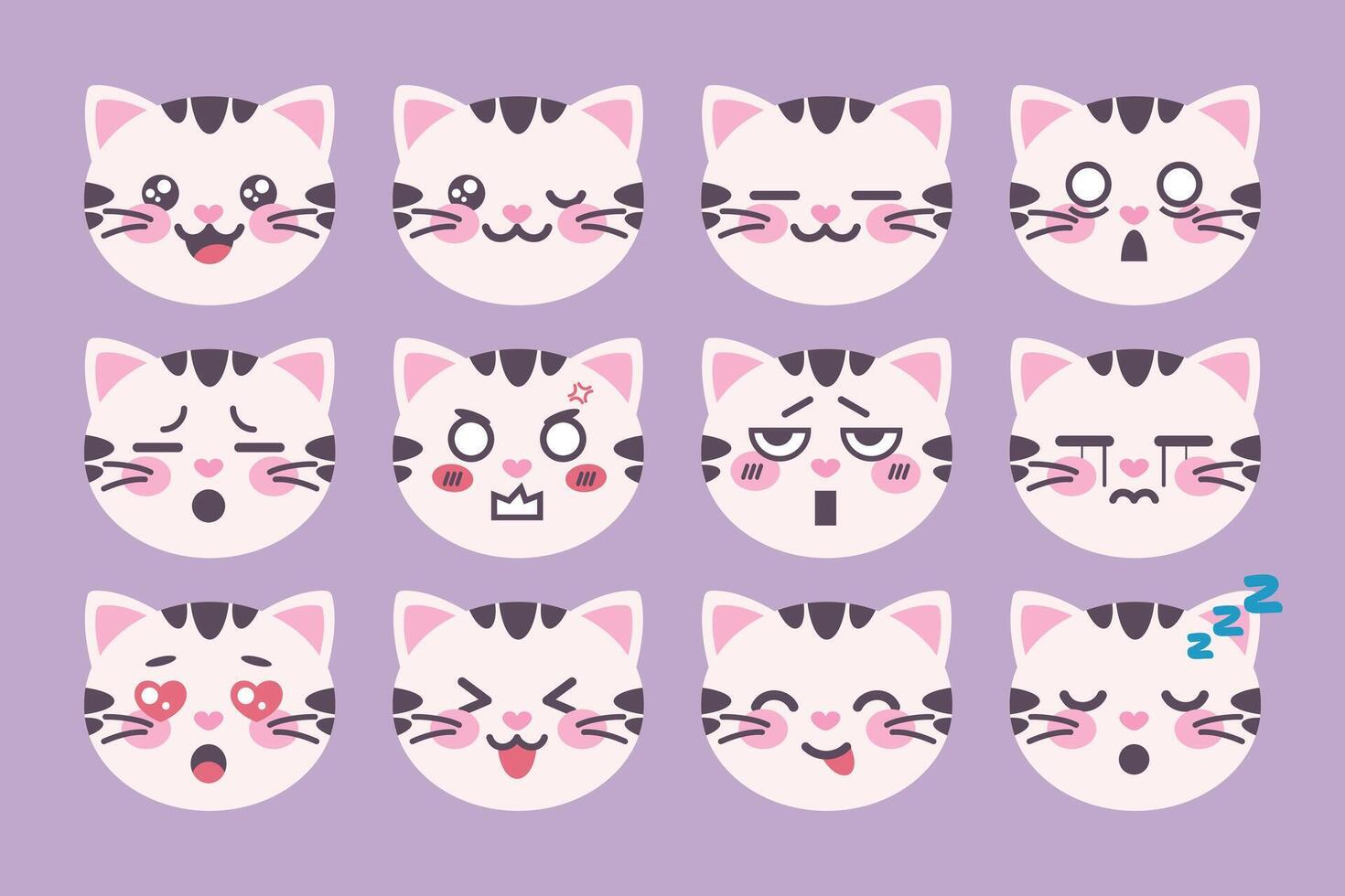 Cute cat character manga emoji set. Kitten cartoon mascot emoji icons vector