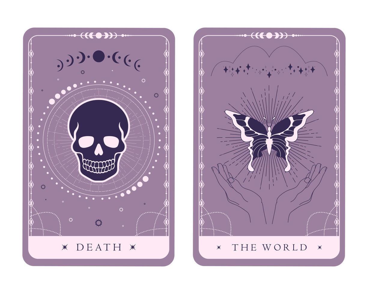 Tarot symbols Death and The World. Magical celestial tarot cards of Major Arcana. Mystery, astrology, alchemy vector