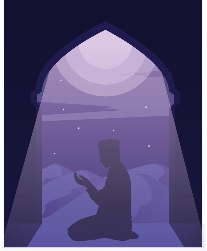 Laylatul Qadr poster, laylat al-Qadr background. Illustration of a Muslim man praying, with beautiful moonlight and stars vector