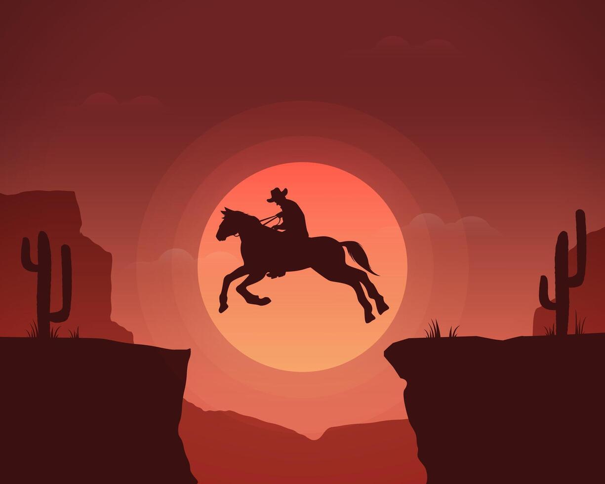 Silhouette of a cowboy riding a horse jumping through a canyon in the afternoon, with a sunset in the background vector