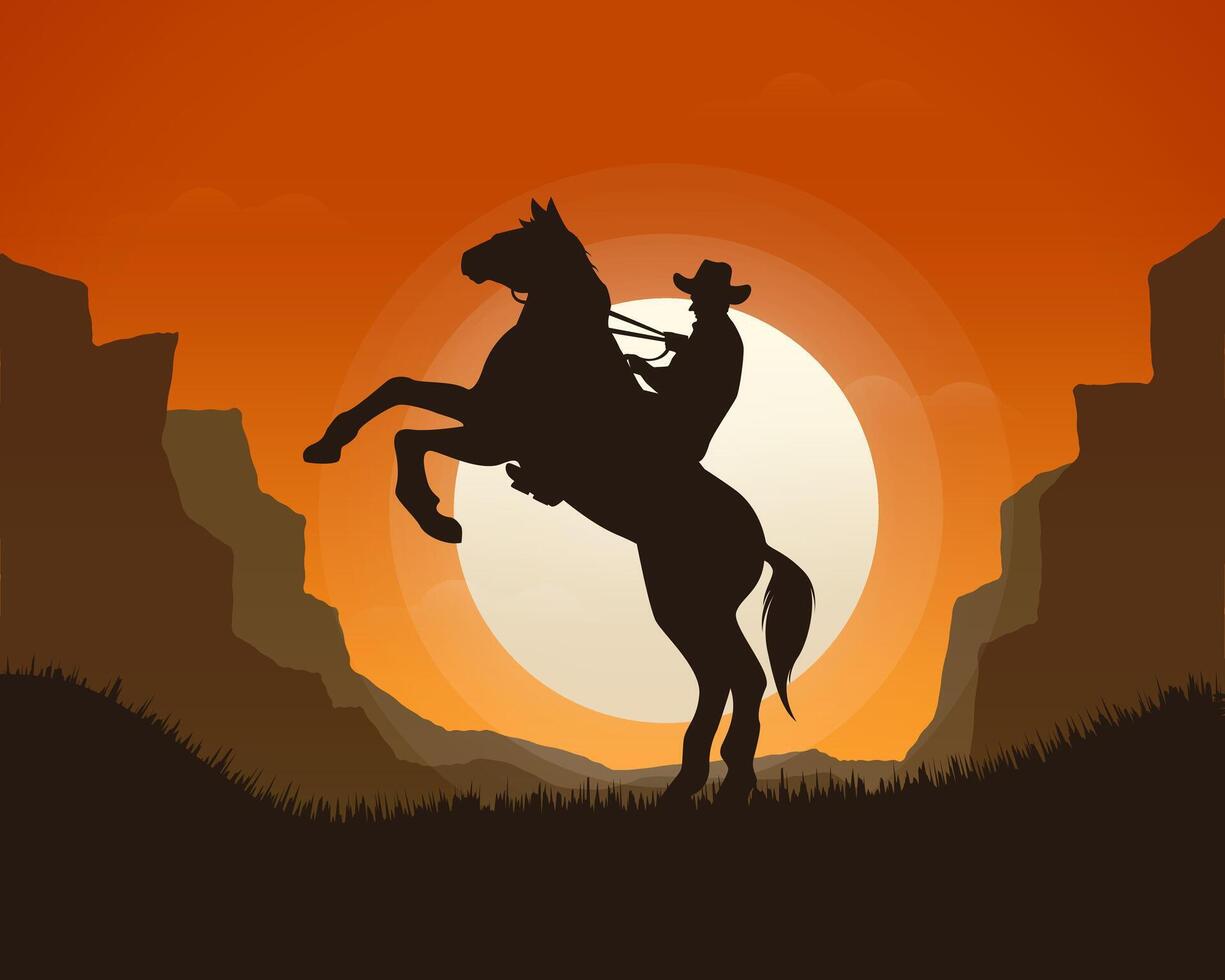 Silhouette of a cowboy riding a horse through a canyon, with a sunset view vector