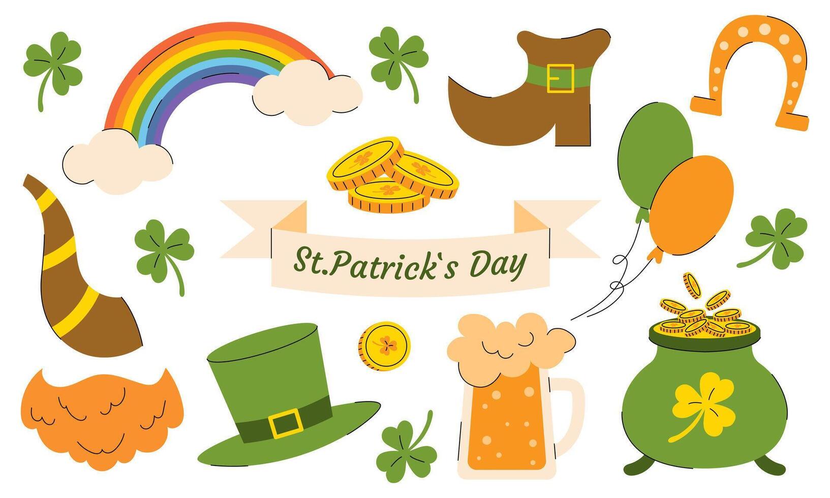 Collection of St. Patrick's Day elements with leprechaun, clover, hat, rainbow, coin, glass of beer, horseshoe. illustration vector