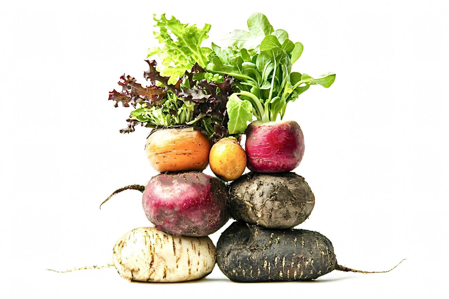 Colorful beets and turnips forming a pyramid on a white background photo