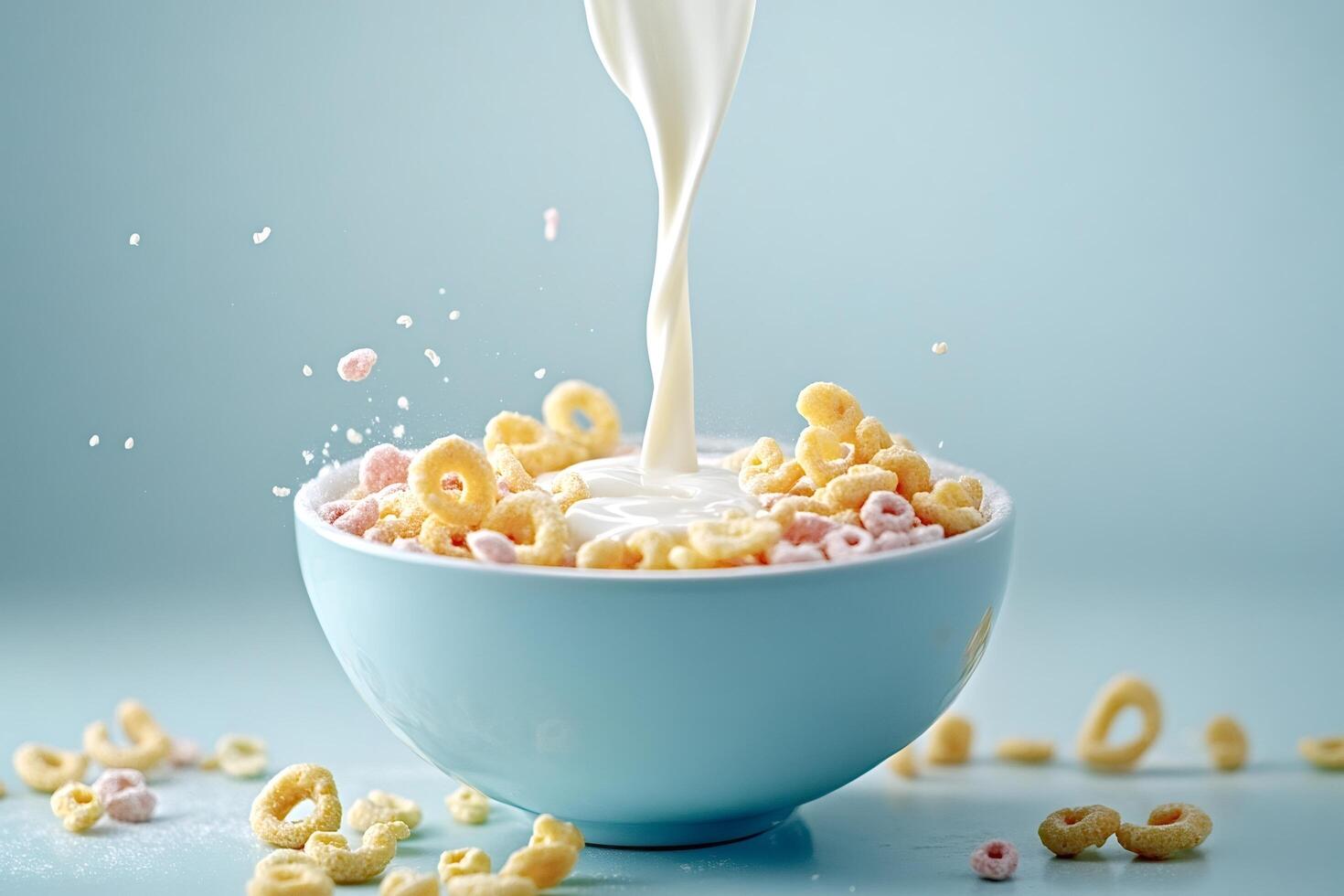 Milk pouring into bowl of colorful cereal rings creating splash photo