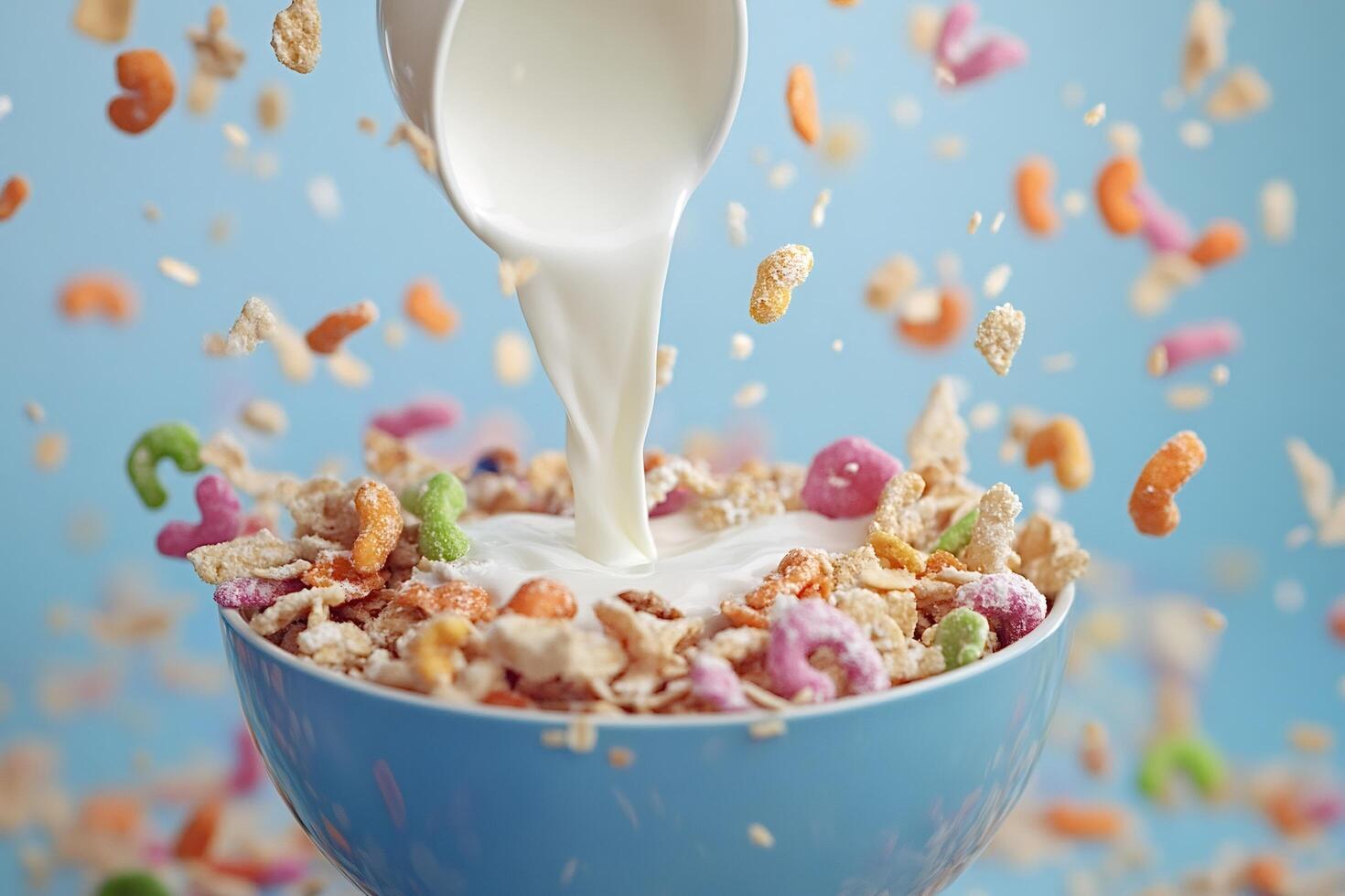 Milk pouring into bowl of colorful breakfast cereals with alphabet shapes on blue background photo