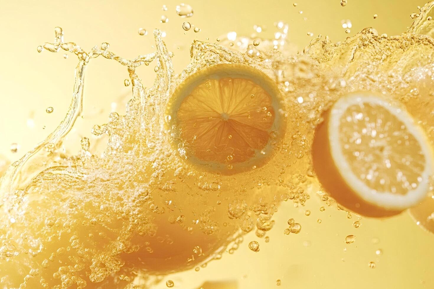 Lemon slices splashing into refreshing golden liquid photo